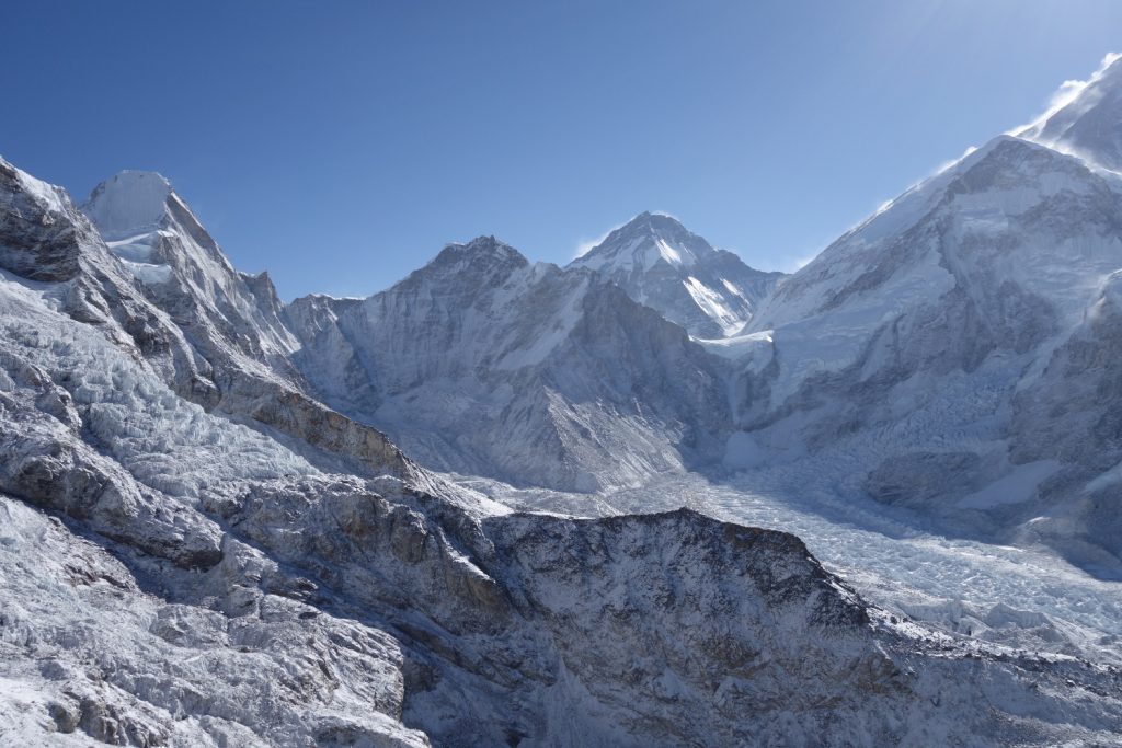 Pumori and Lingtren on the left, Everest centre-right and basecamp in between